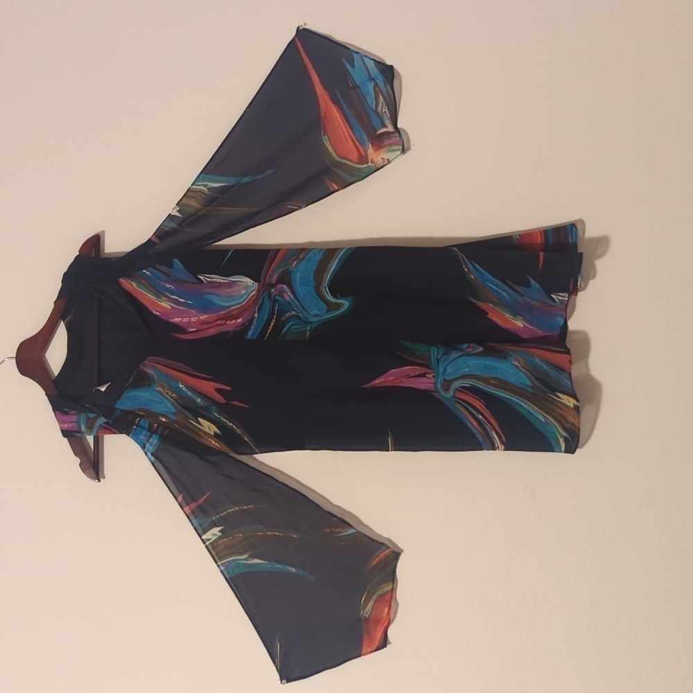 SIGNATURE by ROBBIE BEE. Abstract Print Chiffon. Color Navy Blue Green Orange. - Picture 4 of 11